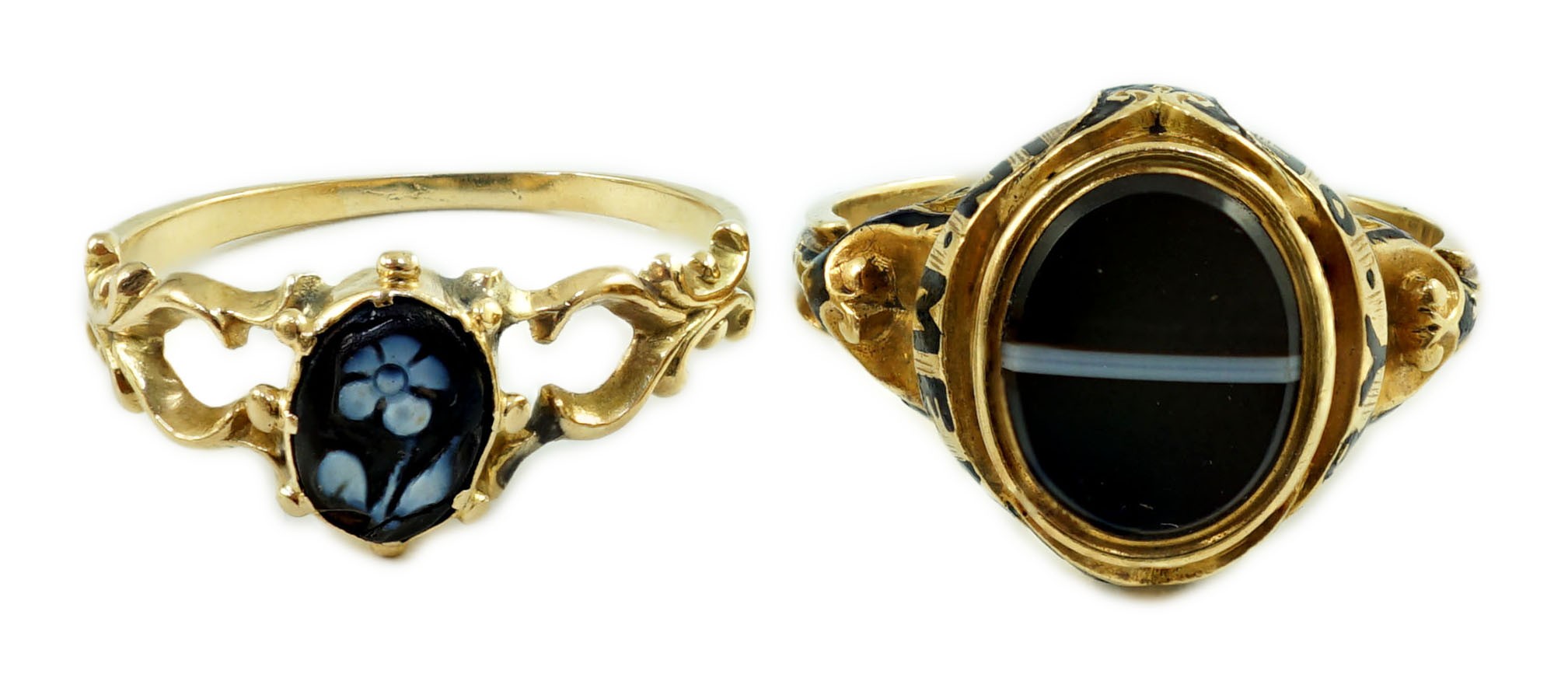 Two Victorian gold and chalcedony set mourning rings